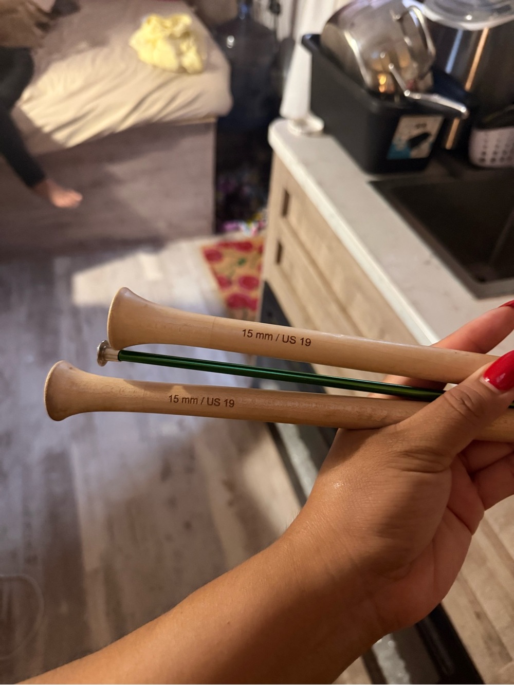 Wooden 15 mm / US 19 Knitting Needles with Green Cable Connector